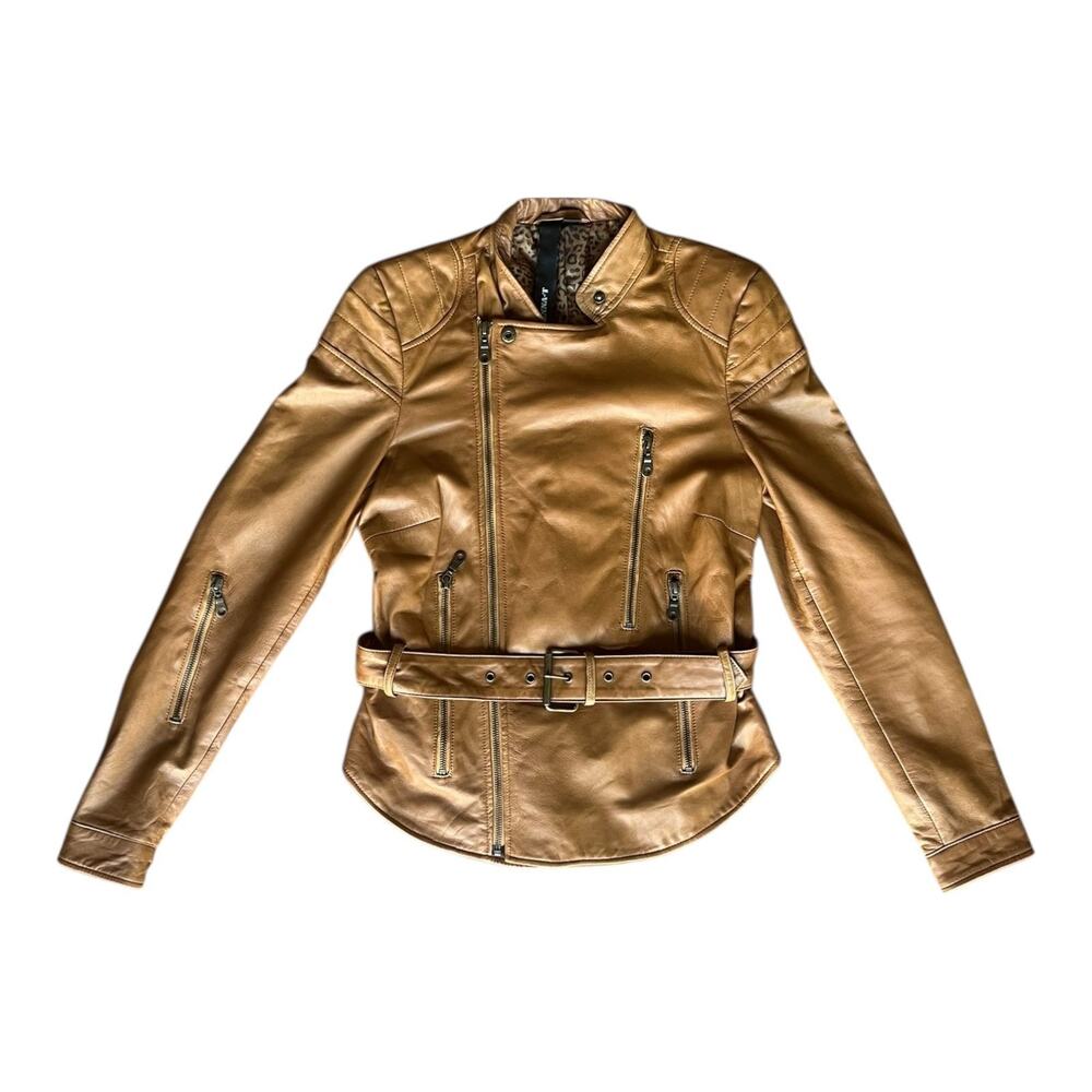 Kenna T Brown Leather Moto Jacket Belted Womens Size S Biker Zip Snap Lined